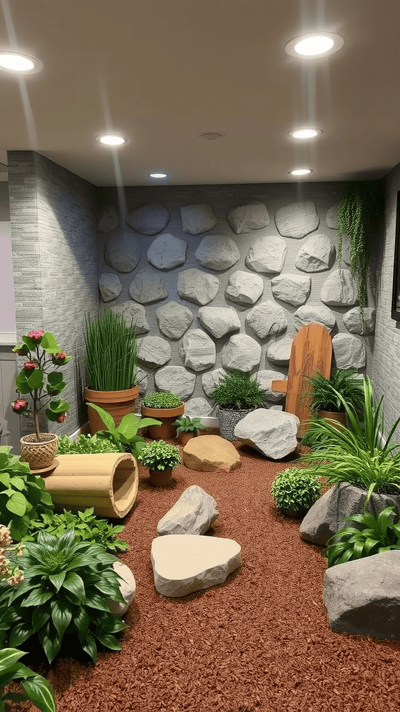 A nature-inspired play area featuring plants, rocks, and cozy seating.