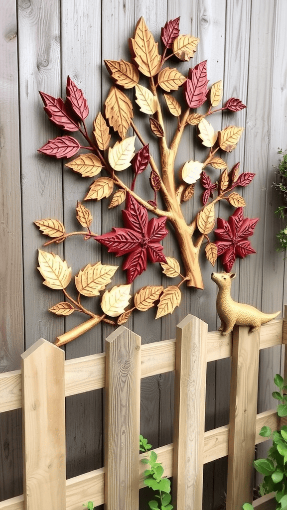 Wall art featuring colorful leaves and a small animal figurine on a wooden fence