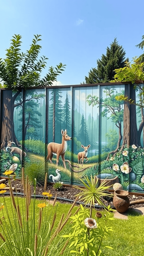 A vibrant mural depicting deer in a forest scene surrounded by greenery and flowers.