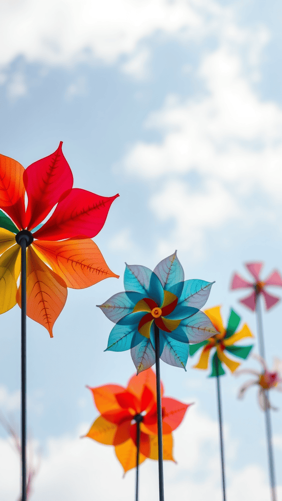 Colorful wind spinners in various flower shapes against a blue sky.