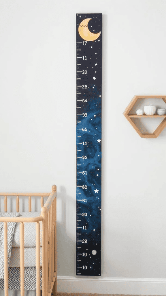 A night sky themed growth chart featuring stars and a moon, displayed next to a crib.