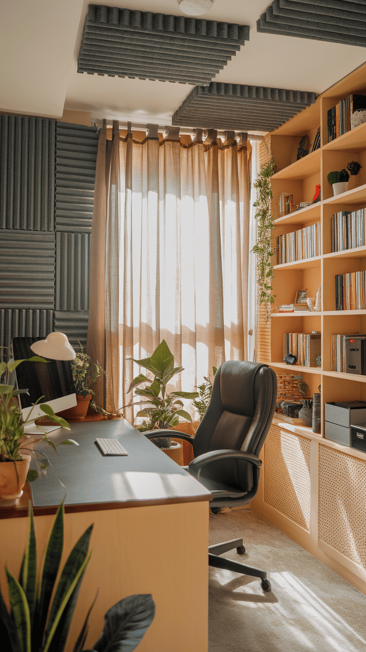 A cozy workspace featuring acoustic panels, plants, and a comfortable chair.