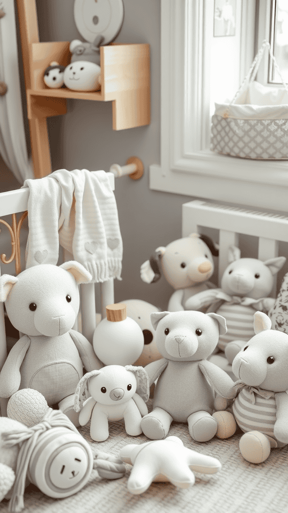 A cozy nursery space featuring soft toys and a warm decor theme.