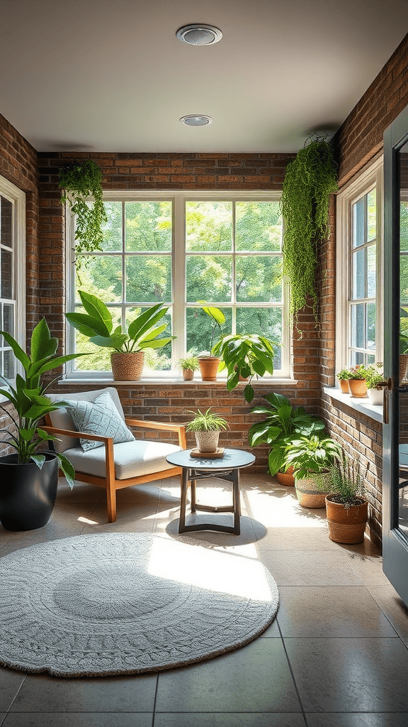 A bright indoor space with plants, a chair, and faux windows creating an outdoor-like feel.