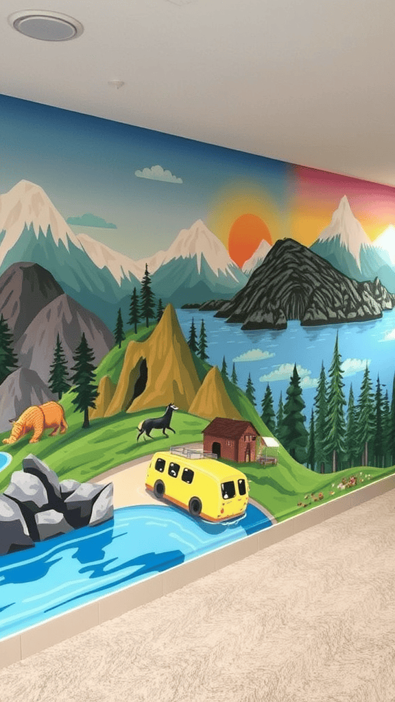 A colorful mural depicting mountains, a river, a yellow van, and a bear in a scenic outdoor landscape.