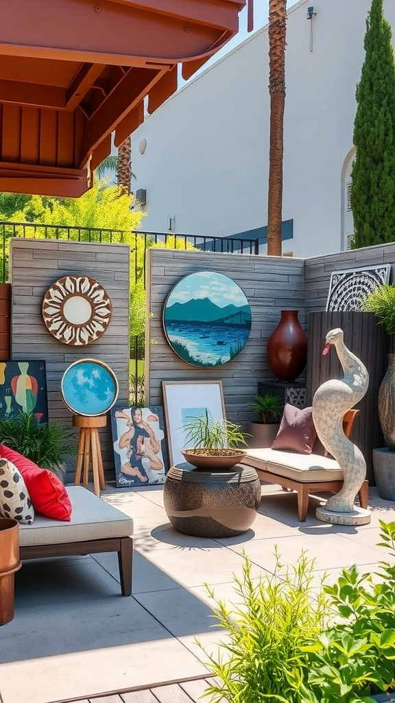 A man sitting on a patio surrounded by plants and artwork displays.