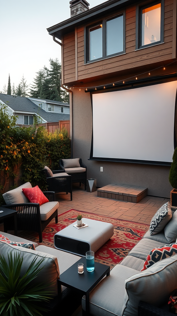 Cozy outdoor patio setup for a movie night with seating, projector screen, and decorative elements.