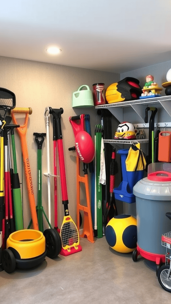 Organized storage area with various outdoor sports equipment