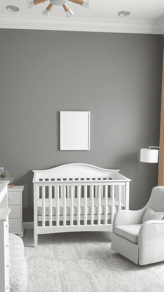 A nursery featuring a white crib and a gray accent wall.