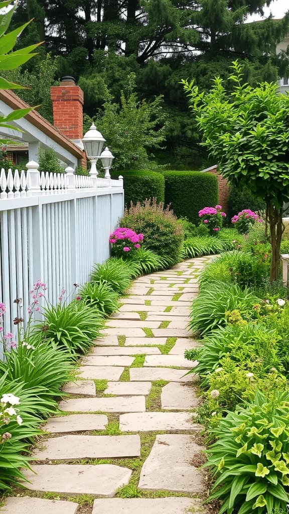 A winding stone pathway lined with colorful flowers and a white picket fence.