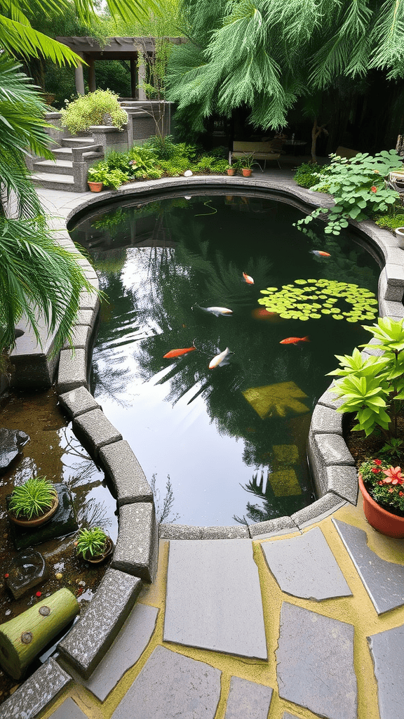 A scenic view of a water garden with koi fish and lush greenery.