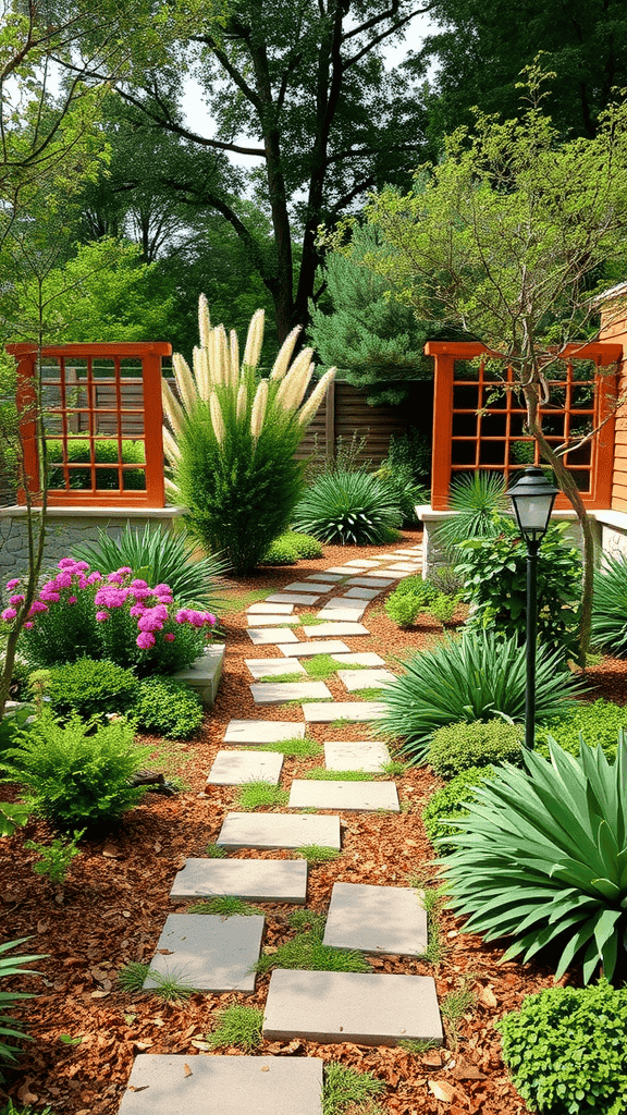 A beautiful stone pathway lined with flowers and greenery connecting garden rooms.