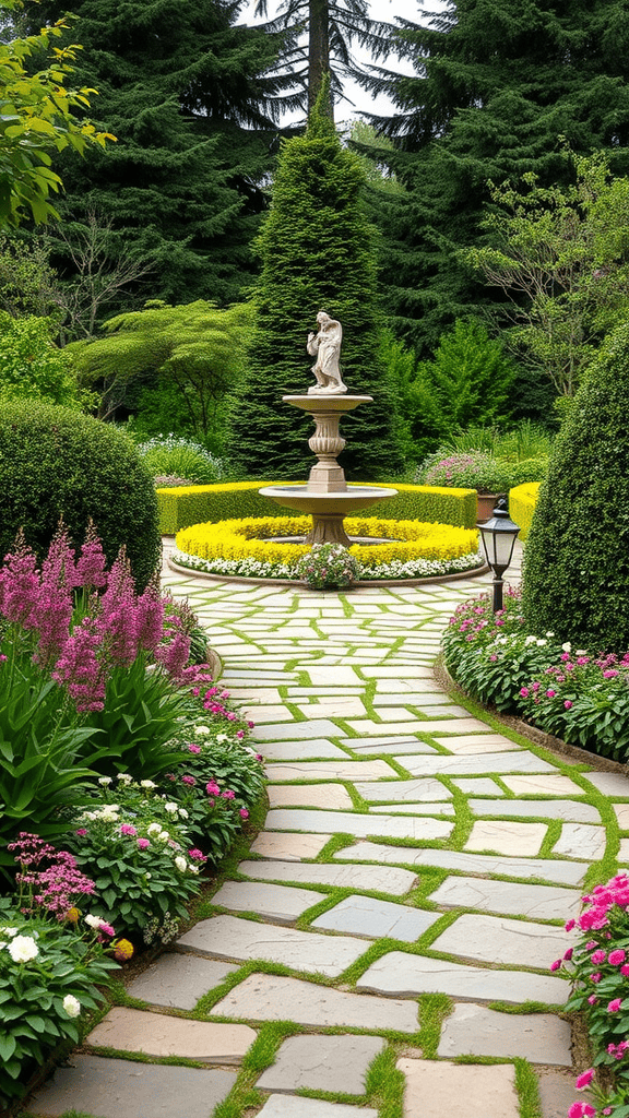 A beautiful garden pathway with a fountain and colorful flowers.