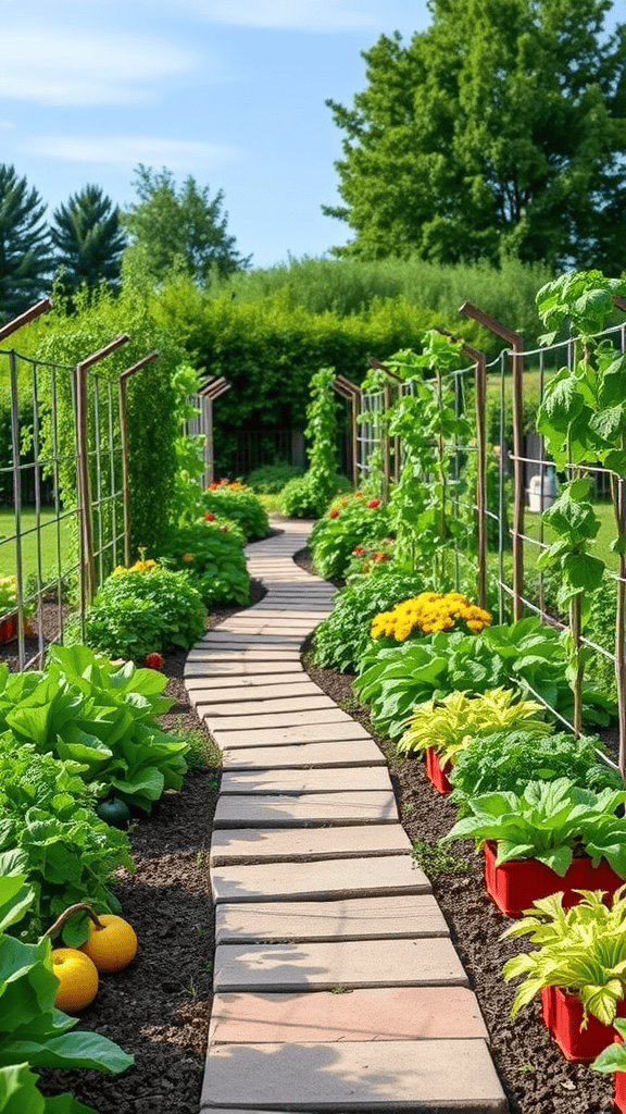 A picturesque vegetable garden with a winding stone pathway surrounded by lush green plants and colorful flowers.