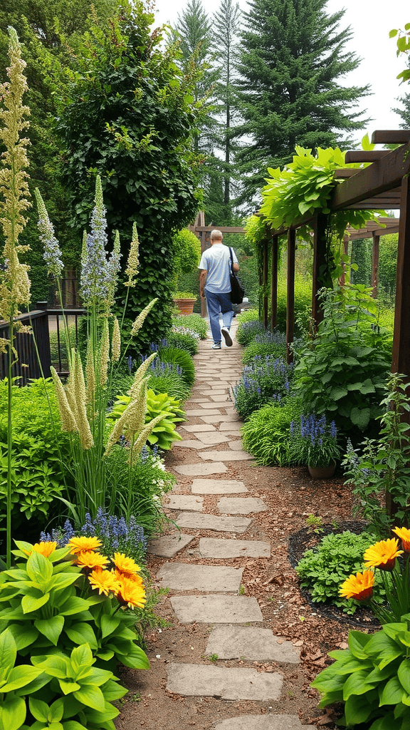 A serene pathway lined with colorful flowers and lush greenery in a garden.