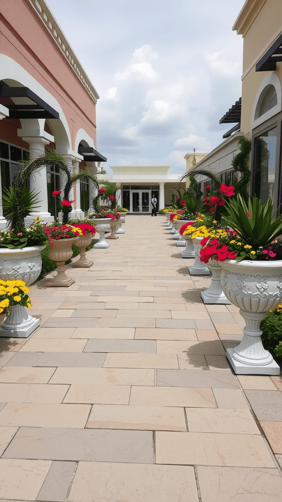 A picturesque pathway lined with colorful flower planters leading to a building entrance.