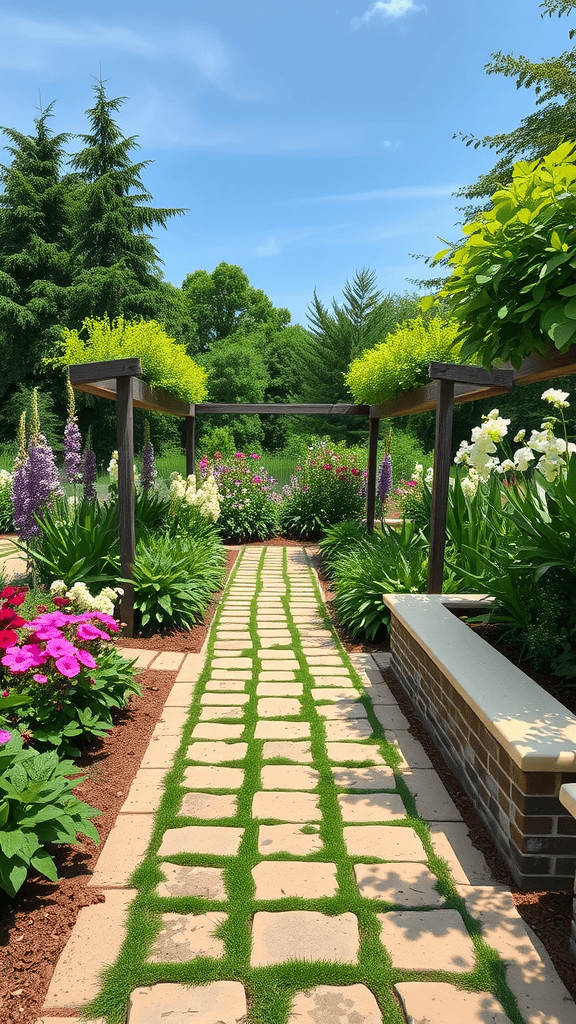 A beautiful garden pathway with built-in seating, surrounded by colorful flowers and greenery.