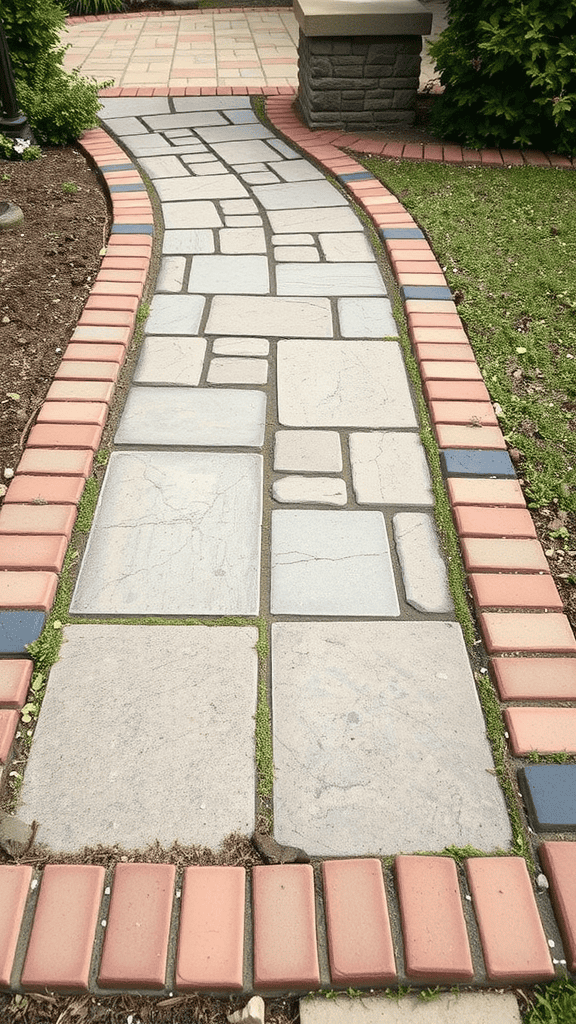 Curved stone pathway with red and black decorative borders