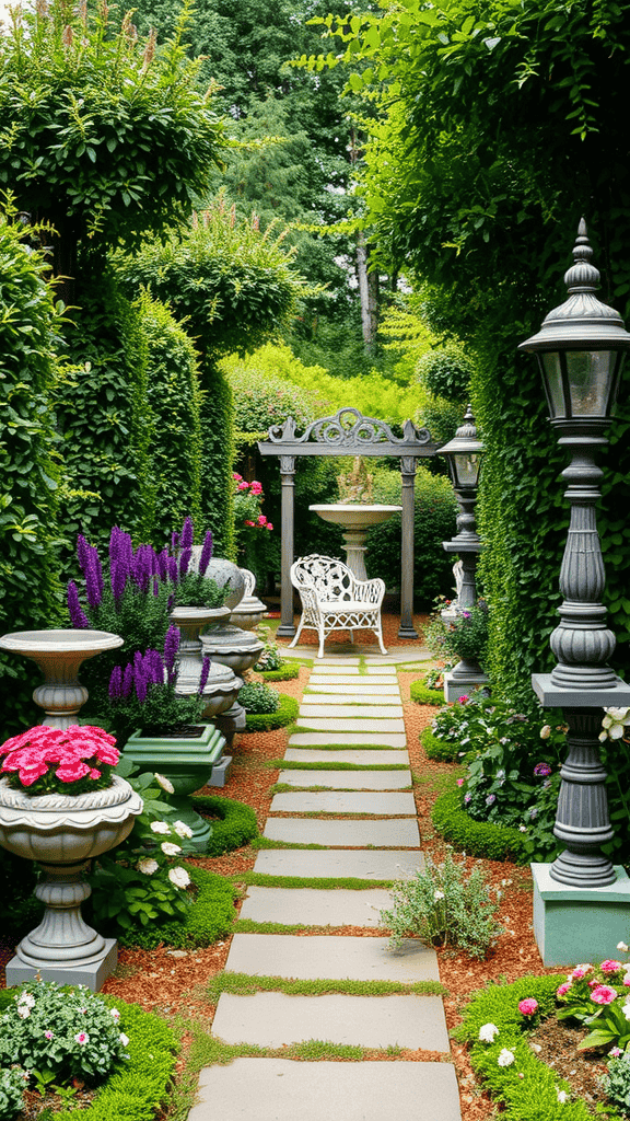 A beautifully landscaped garden path lined with ornamental features and colorful flowers.