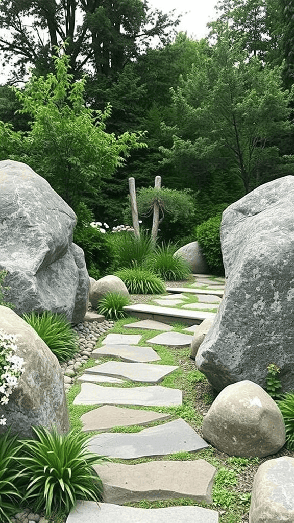 A scenic pathway made of stones, flanked by large boulders and greenery.