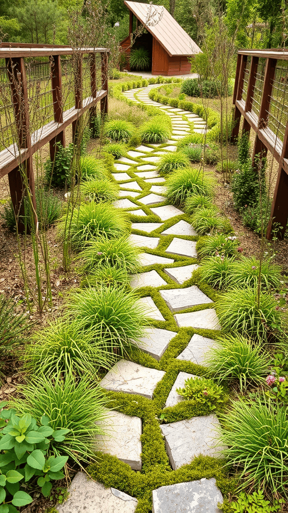 A winding pathway made of stone tiles surrounded by lush native plants and grass