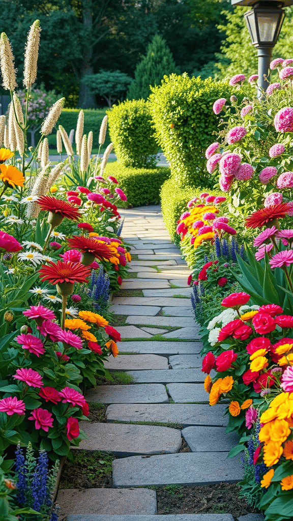 A colorful garden pathway lined with flowers and greenery.