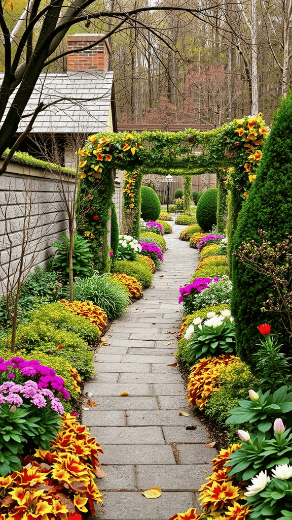 A beautifully landscaped garden pathway lined with colorful flowers and greenery.