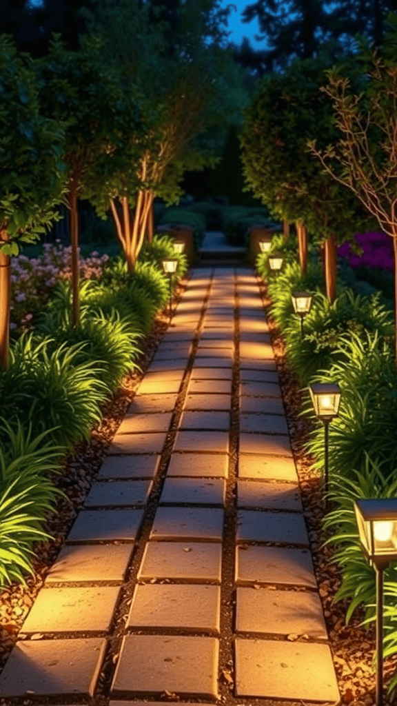 A beautifully lit garden pathway with solar lights on either side, surrounded by greenery.