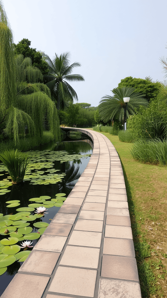 A serene pathway beside a pond with lily pads and palm trees.