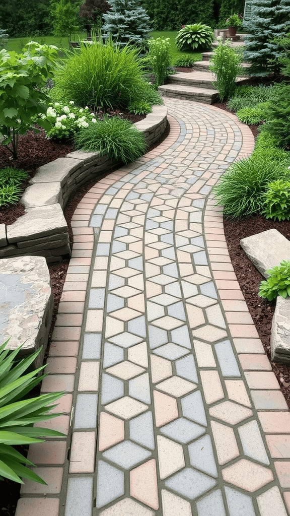 Curved pathway made of paver stones surrounded by lush greenery.