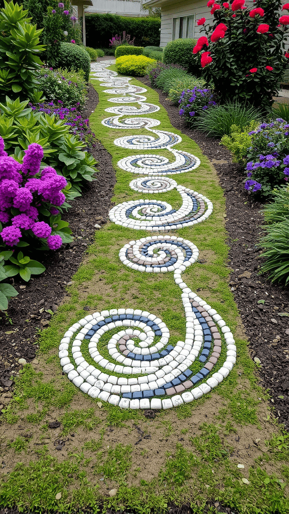 A winding pathway made of pebbles surrounded by colorful flowers