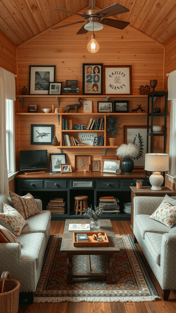 A cozy vintage tiny house living room showcasing family heirlooms and treasures.