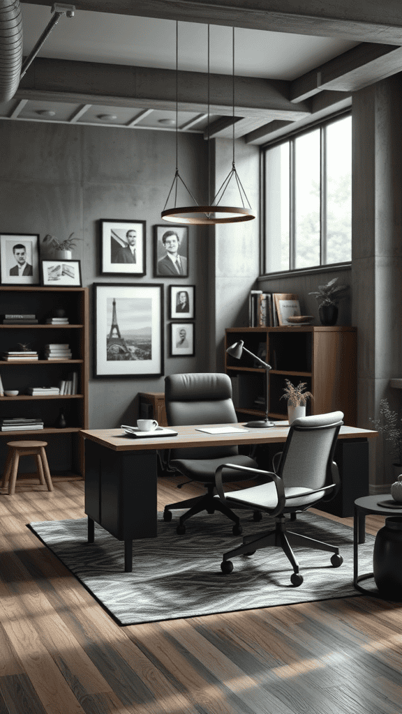 A modern office space featuring a desk, ergonomic chair, bookshelves, and framed photos on the wall.