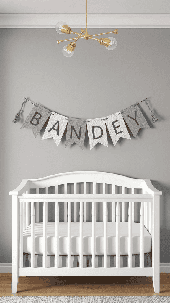 A nursery with a white crib and a personalized name banner that says 'BANDEY' hanging on the wall.