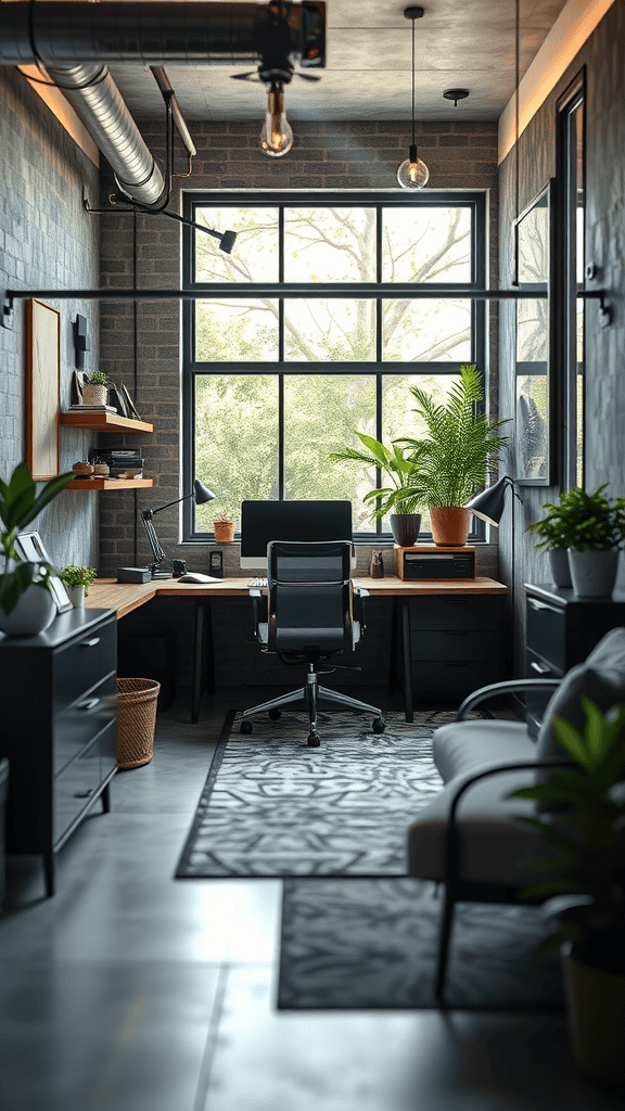 A cozy and modern home office featuring a large window, plants, and a comfortable desk setup.