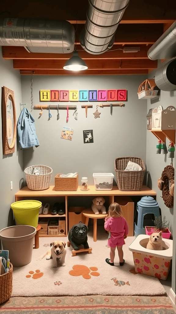 A charming pet corner featuring toys, a chair, and a cheerful dog.