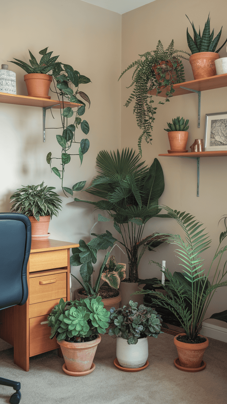 A cozy room with various plants in pots, enhancing air quality and aesthetics.