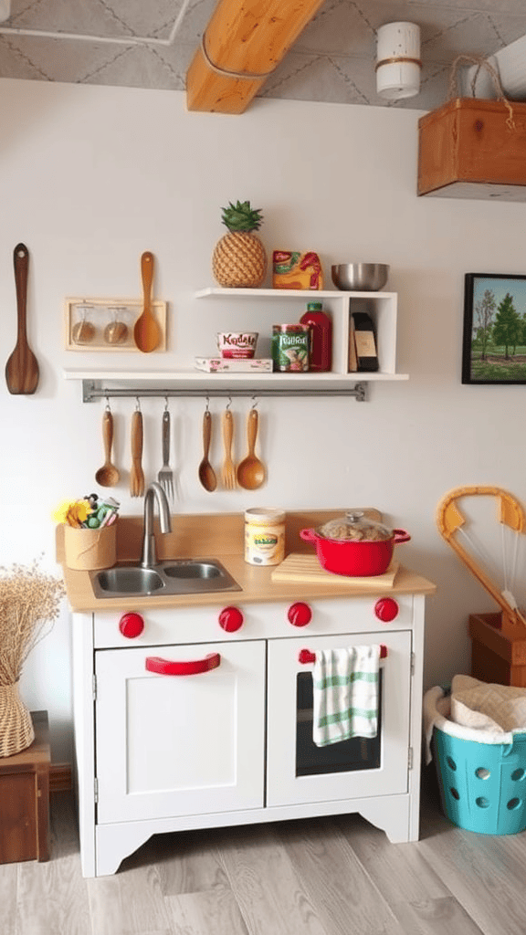 A play kitchen set with red knobs and utensils, featuring a wooden countertop and colorful accessories.