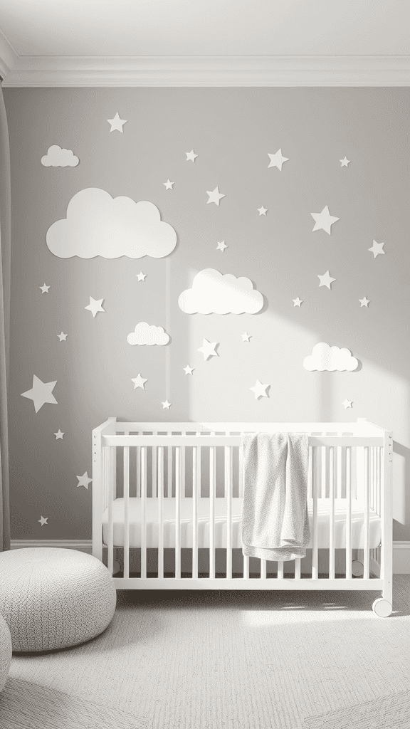 Nursery with grey wall decorated with white clouds and stars