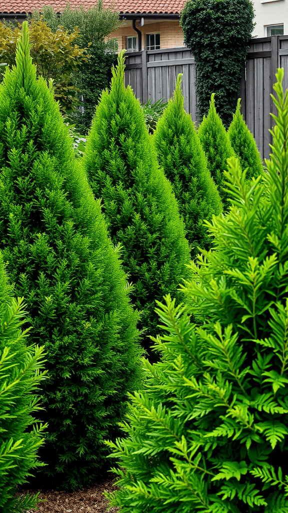 A row of vibrant green evergreen hedges in a garden setting.