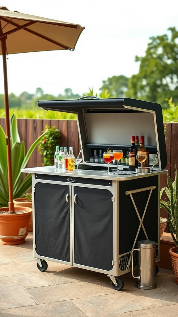 A portable bar setup on an outdoor patio with drinks and cocktails.