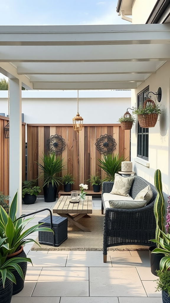 A stylish outdoor patio with a wooden privacy screen, plants, and comfortable seating.