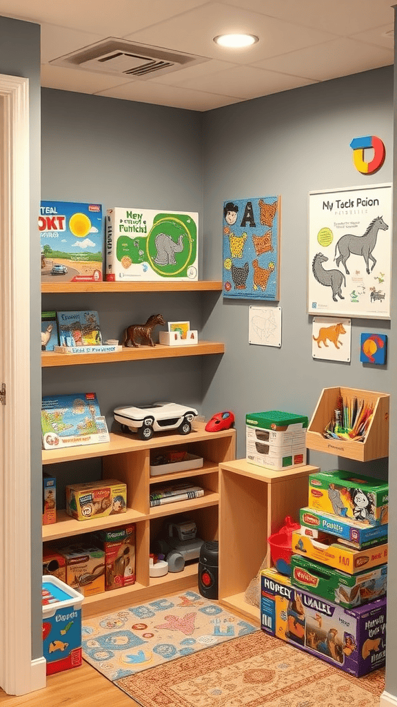 A learning corner with shelves filled with puzzles and toys, colorful drawings on the wall, and a soft rug.