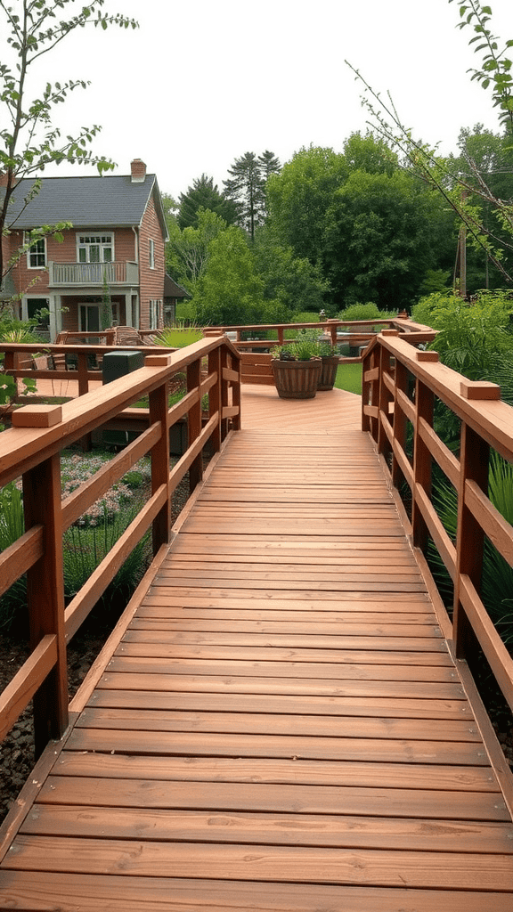 A wooden raised deck walkway leading through lush greenery.