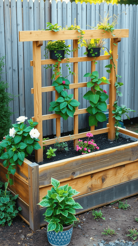 A raised wooden garden bed featuring a trellis with blooming plants and flowers.