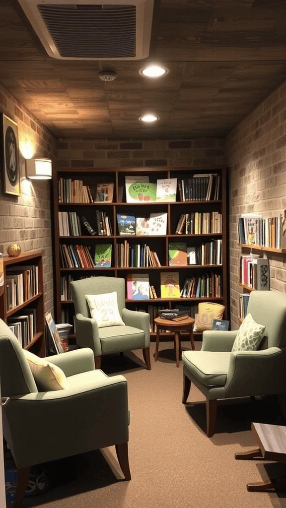 Cozy reading nook with green chairs and bookshelves filled with colorful books.