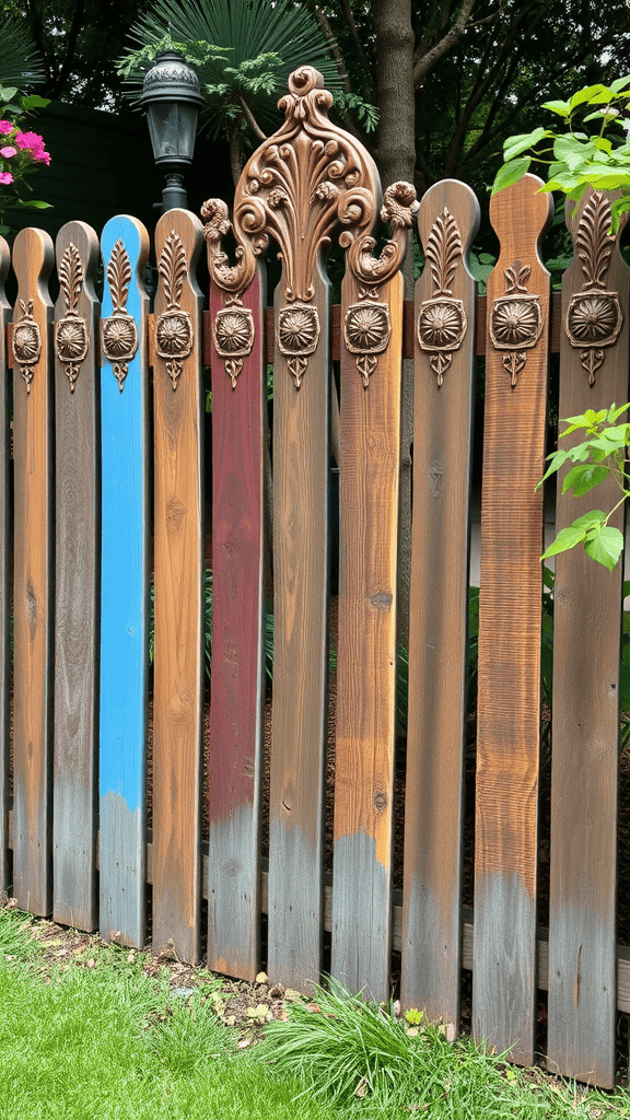 Colorful reclaimed wood fence with decorative elements