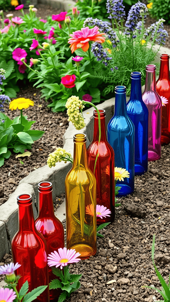 Colorful recycled bottles lined up as garden edging with flowers in a garden