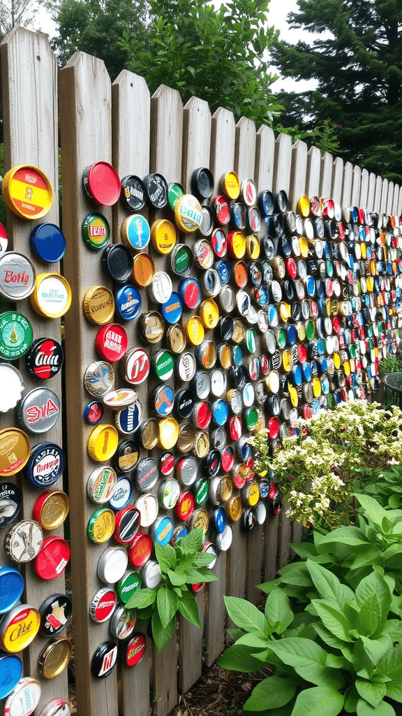 A colorful fence adorned with various bottle caps, surrounded by green plants.