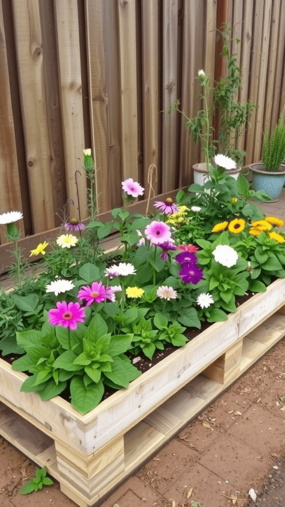 A vibrant garden bed made from recycled pallets, filled with various colorful flowers.